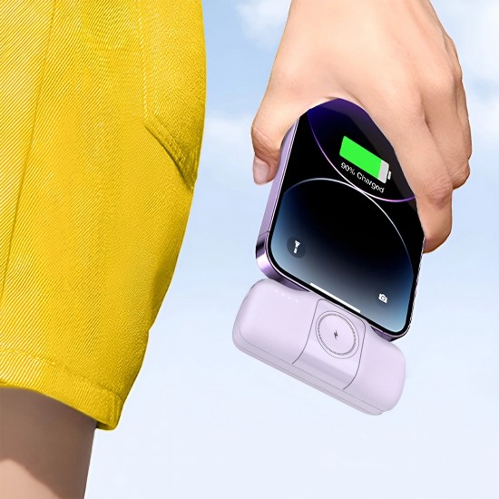 Wozinsky WF16-YLS 5000mAh 15W Lightning Mini Power Bank with Built-in USB-C Cable and Apple Watch Charger - Purple