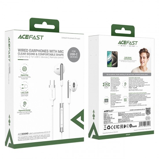 Acefast L3 Wired USB-C Headphones with Microphone - White