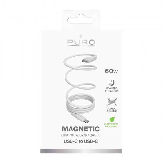 Puro Magnetic USB-C - USB-C 60W USB 3.2 (20 Gbps) 1m Magnetic Cable - White