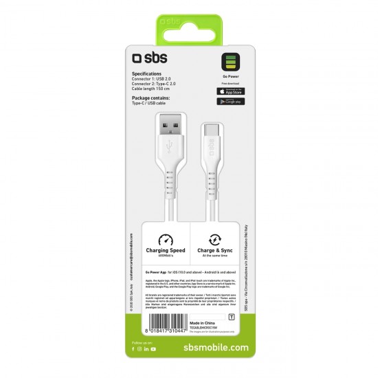 SBS TECABLEMICROC15W USB-A - USB-C Cable 1.5m - White