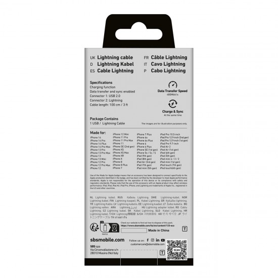 SBS TECABLEUSBIP589K USB-A - Lightning Cable 1m MFi Certified - Black