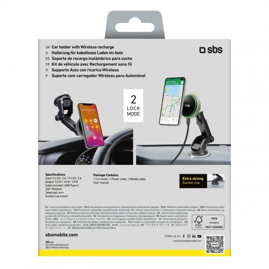 SBS TESUPMAGEXTWIR15W Telescopic Smartphone Holder with Wireless Charger, MagSafe Compatible, for Windshield and Dashboard - Black