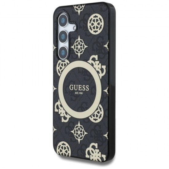 Guess 4G Background Gold Electroplated Peony Pattern MagSafe case for Samsung Galaxy S25 black
