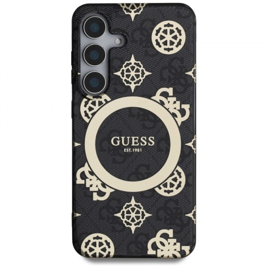 Guess 4G Background Gold Electroplated Peony Pattern MagSafe case for Samsung Galaxy S25 black
