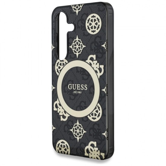 Guess 4G Background Gold Electroplated Peony Pattern MagSafe case for Samsung Galaxy S25 black