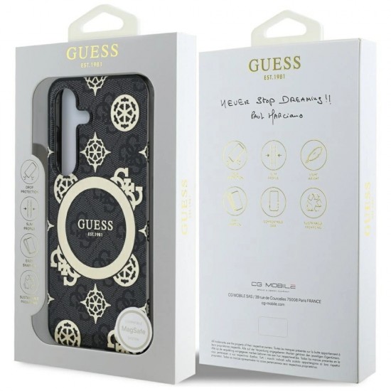 Guess 4G Background Gold Electroplated Peony Pattern MagSafe case for Samsung Galaxy S25 black