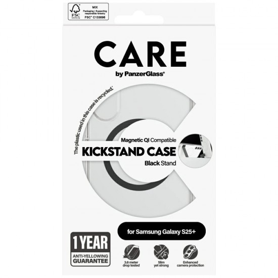 CARE by PanzerGlass Feature Black Kickstand & QI Case for Samsung Galaxy S25+ - Transparent