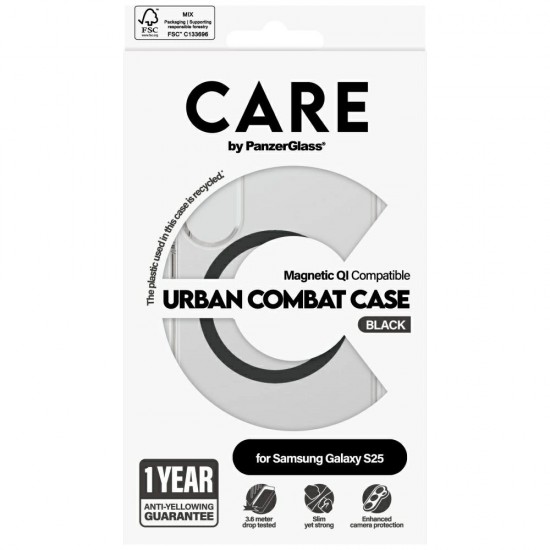 CARE by PanzerGlass Flagship Urban Combat Black QI Case for Samsung Galaxy S25 - Transparent