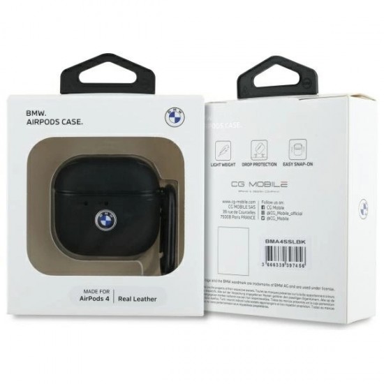 BMW BMA4SSLBK AirPods 4 cover black/black Geniune Leather Silver Logo