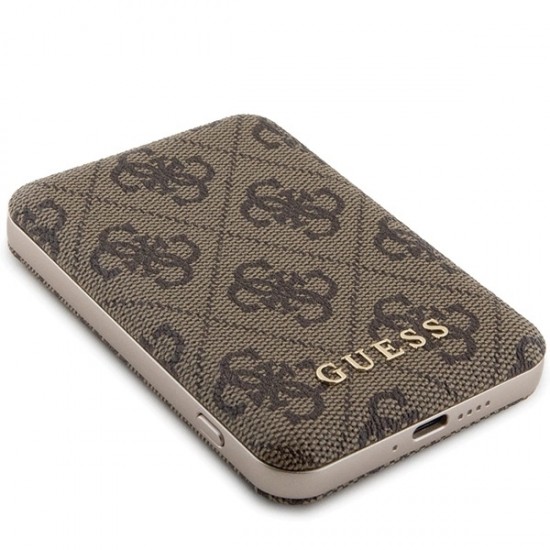 Guess Powerbank inductive 15W GUPB5FP4EMGW 5000mAh brown/brown 4G Leather Metal Logo MagSafe