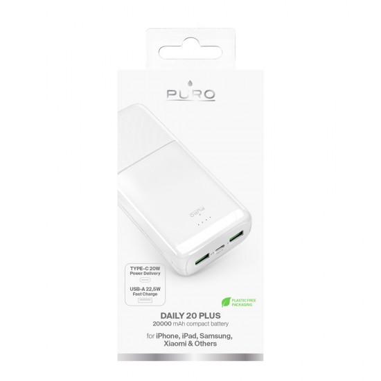 Powerbank Puro DAILY 20 PLUS 20000mAh 2x USB-A / 1x USB-C 22.5W PD AFC - white