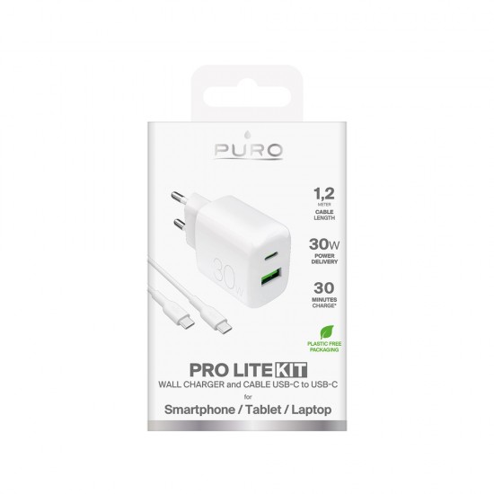 Puro PROLITE 30W USB-A / USB-C wall charger + USB-C - USB-C cable 1.2m - white