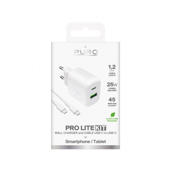 Puro PROLITE 25W USB-A / USB-C wall charger + USB-C - USB-C cable 1.2m - white