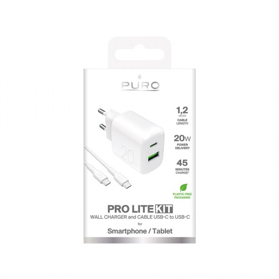 Puro PROLITE 20W USB-A / USB-C wall charger + USB-C - USB-C cable 1.2m - white
