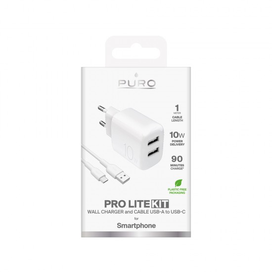 Puro PROLITE 10W 2x USB-A wall charger + USB-A - USB-C cable 1.2m - white