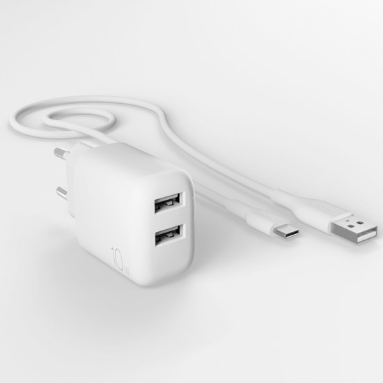 Puro PROLITE 10W 2x USB-A wall charger + USB-A - USB-C cable 1.2m - white