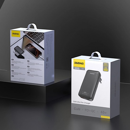 Dudao A65Q 65W GaN Travel Wall Charger USB-A / USB-C PD Ultra-Thin EU / US - Black