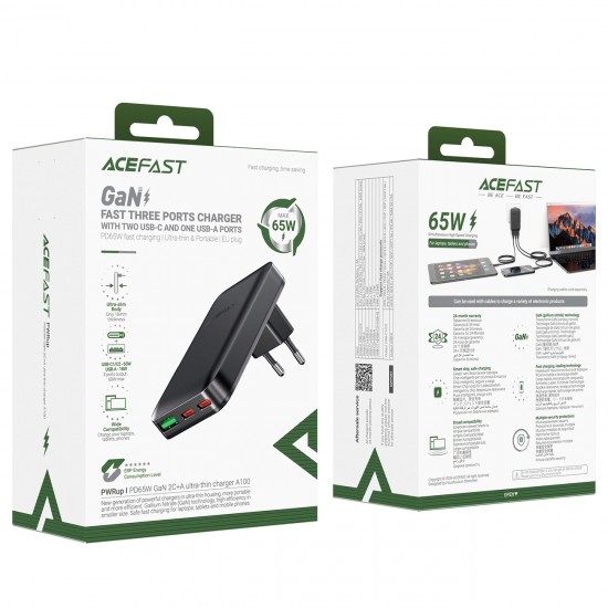 Acefast A100 65W GaN 2 USB-C+ USB-A Charger Ultra Slim - Black