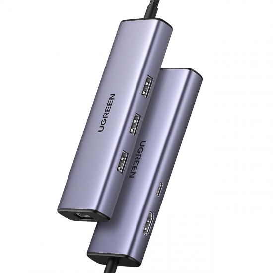 HUB Ugreen CM512 15598 6in1 USB-C - 3x USB-A 3.0 / HDMI / RJ45 / USB-C PD - gray