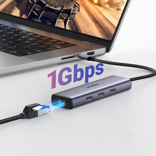 HUB Ugreen CM512 15598 6in1 USB-C - 3x USB-A 3.0 / HDMI / RJ45 / USB-C PD - gray