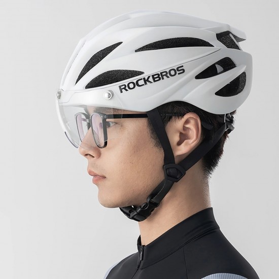 Rockbros Bike Helmet with Visor, Detachable UV Protective Goggles, Unisex, Matte - White