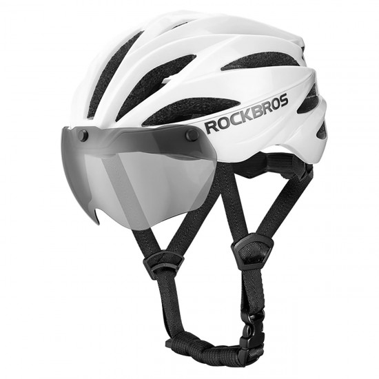 Rockbros Bike Helmet with Visor, Detachable UV Goggles, Unisex, Glossy - White