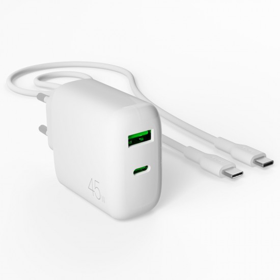 Puro Daily Prolite 45W USB-C USB-A Power Delivery Charger with USB-C Cable - White