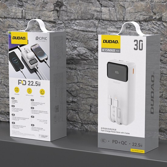 Dudao K15MAX 30000mAh PD 22.5W Powerbank with Built-in Cables - White