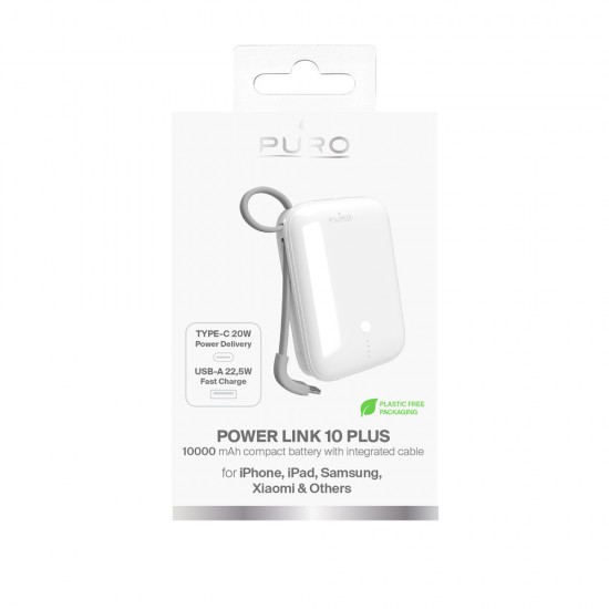 Puro Power Link 10 Plus 10000mAh Power Bank with Built-in USB-C Cable – White