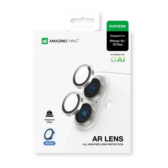 AmazingThing AR Aluminum 2 Lens Glass with Camera Lens Frame for iPhone 16 / 16 Plus - Blue
