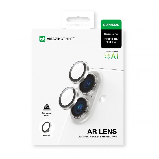 AmazingThing AR Aluminum 2 Lens Glass with Camera Lens Frame for iPhone 16 / 16 Plus - White