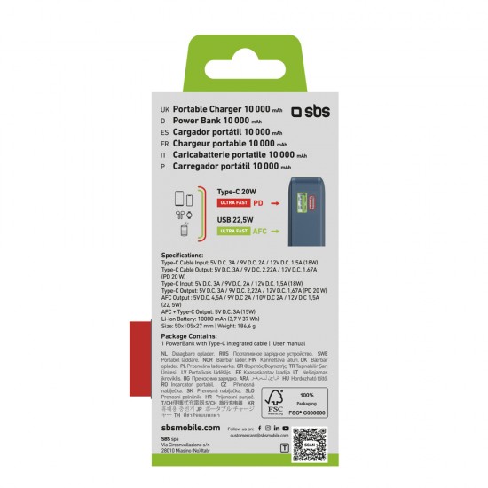 Powerbank SBS 10000 mAh 20W with built-in USB-C cable and digital display - dark gray