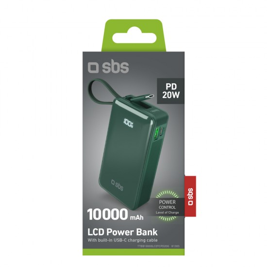 Powerbank SBS 10000 mAh 20W with built-in USB-C cable and digital display - green