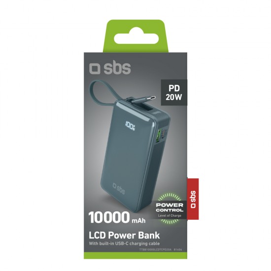 Powerbank SBS 10000 mAh 20W with built-in USB-C cable and digital display - gray