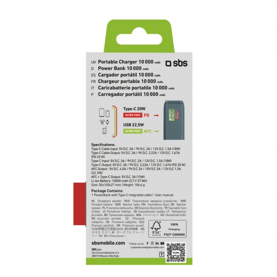 Powerbank SBS 10000 mAh 20W with built-in USB-C cable and digital display - gray