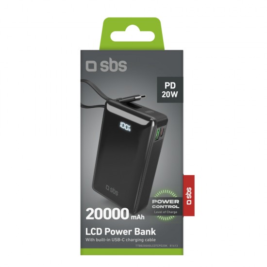 Powerbank SBS 20000 mAh 20W with built-in USB-C cable and digital display - black