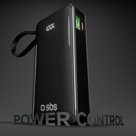 Powerbank SBS 10000 mAh 20W with built-in USB-C cable and digital display - black