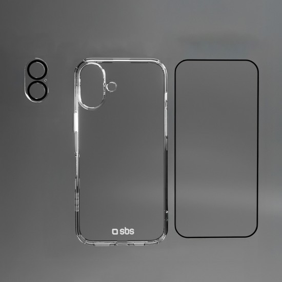 SBS set with D3O technology for iPhone 16 - case + glass screen and camera protector - transparent