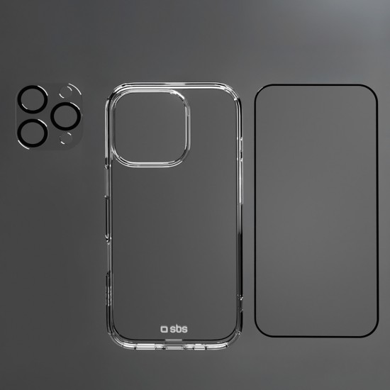 SBS set with D3O technology for iPhone 16 Pro - case + glass screen and camera protector - transparent