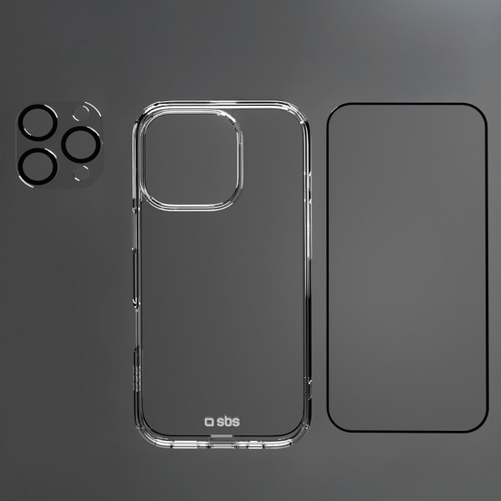 SBS set with D3O technology for iPhone 16 Pro Max - case + glass screen and camera protector - transparent