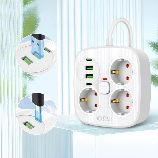Tech-Protect PCS3X4 power strip, 3 sockets, 2xUSB-A, 2xUSB-C 200 cm - white