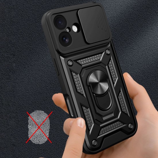 Hybrid Armor Camshield iPhone 17 Case with Stand and Camera Cover - Black