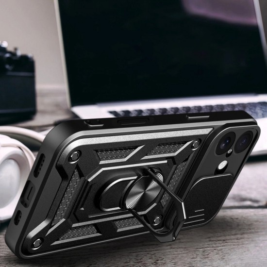 Hybrid Armor Camshield iPhone 17 Case with Stand and Camera Cover - Black