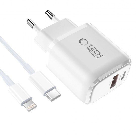 Tech-Protect NCA30 PD 30W QC3.0 USB-A / USB-C Wall Charger + USB-C / Lightning Cable 100cm - White