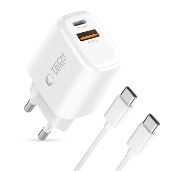 Tech-Protect NCA20 PD 20W QC3.0 USB-A / USB-C Wall Charger + USB-C / USB-C Cable 100cm - White