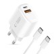 Tech-Protect NCA20 PD 20W QC3.0 USB-A / USB-C Wall Charger + USB-C / USB-C Cable 100cm - White