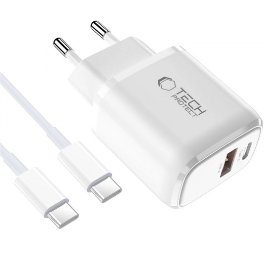 Tech-Protect NCA20 PD 20W QC3.0 USB-A / USB-C Wall Charger + USB-C / USB-C Cable 100cm - White