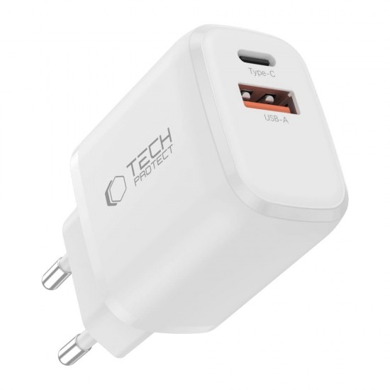 Tech-Protect NCA20 PD 20W QC3.0 USB-A / USB-C Wall Charger + USB-C / USB-C Cable 100cm - White
