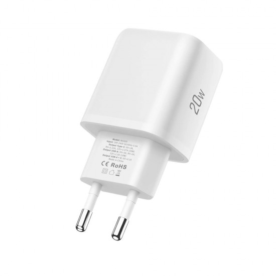 Tech-Protect NCA20 PD 20W QC3.0 USB-A / USB-C Wall Charger + USB-C / USB-C Cable 100cm - White