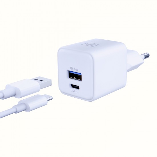 3mk Hyper GaN Charger 20W QC4+ PD PPS USB-C USB-A Wall Charger - White